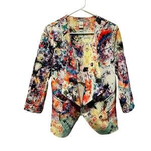 Mona Leah Couture Open Front Waterfall Blazer Rainbow Watercolor Moto Small Art‎